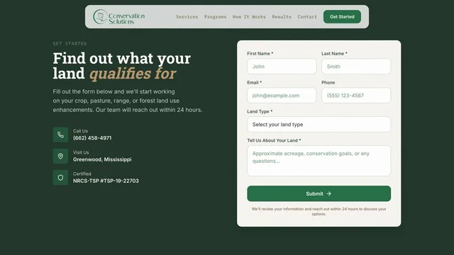 Conservation Solutions — contact form and footer